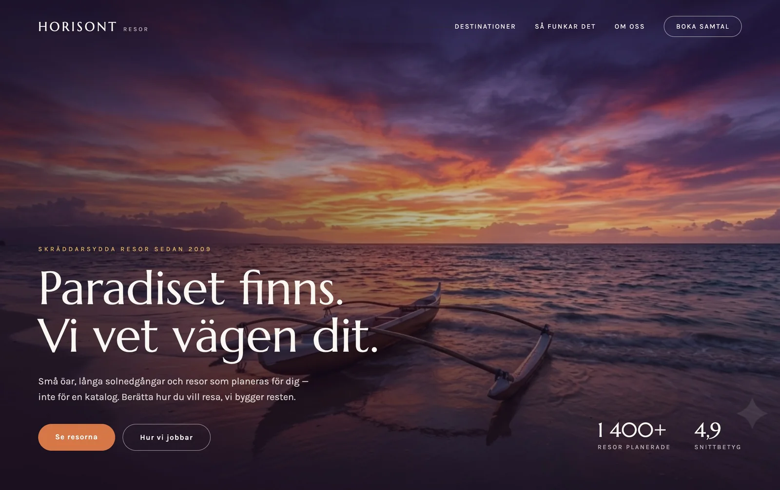 Exempel på en webbplats vi formgett — startsidan för en fiktiv resebyrå